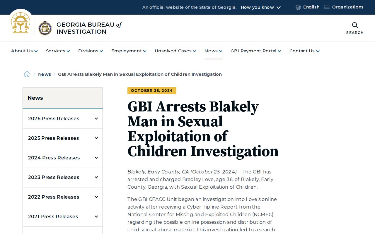 GBI press release about a Blakely investigation assisted by Early County Sheriff