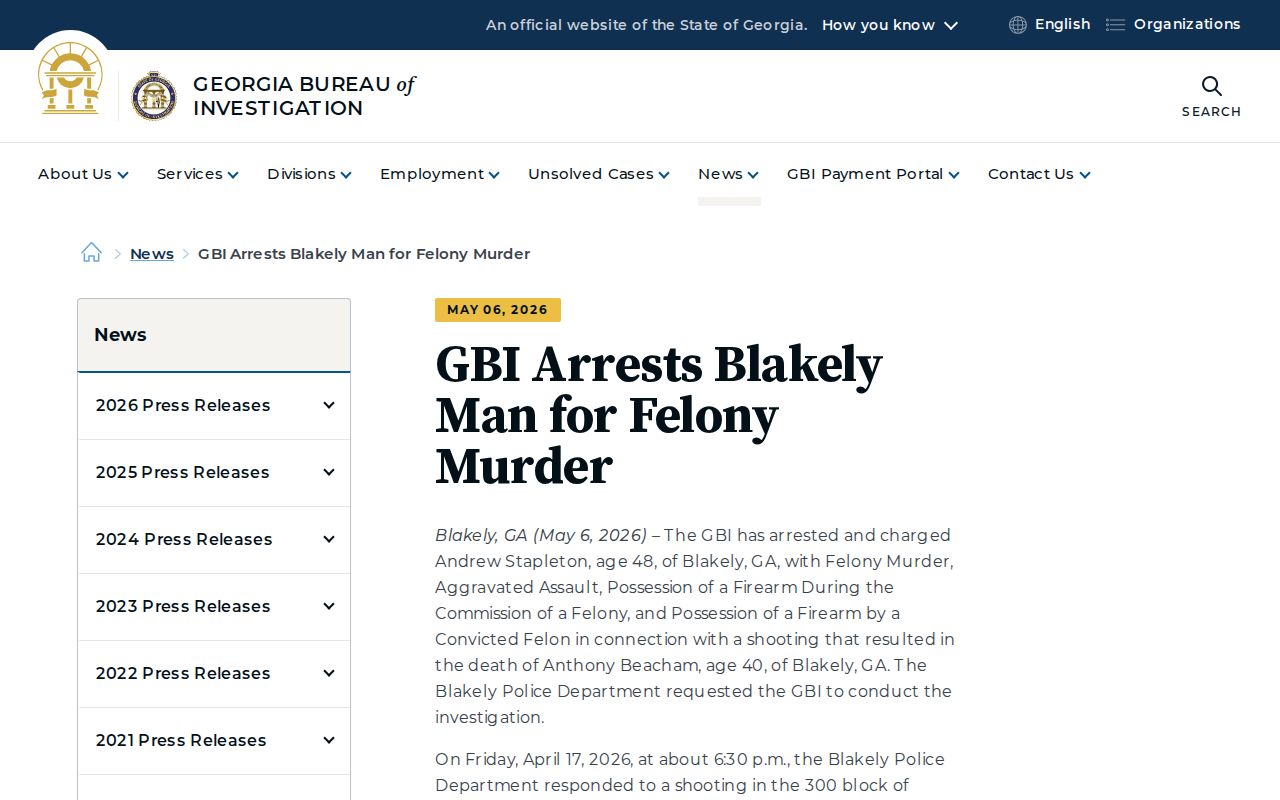 GBI press release showing a Blakely Police request, GBI investigation, and Early County Jail booking